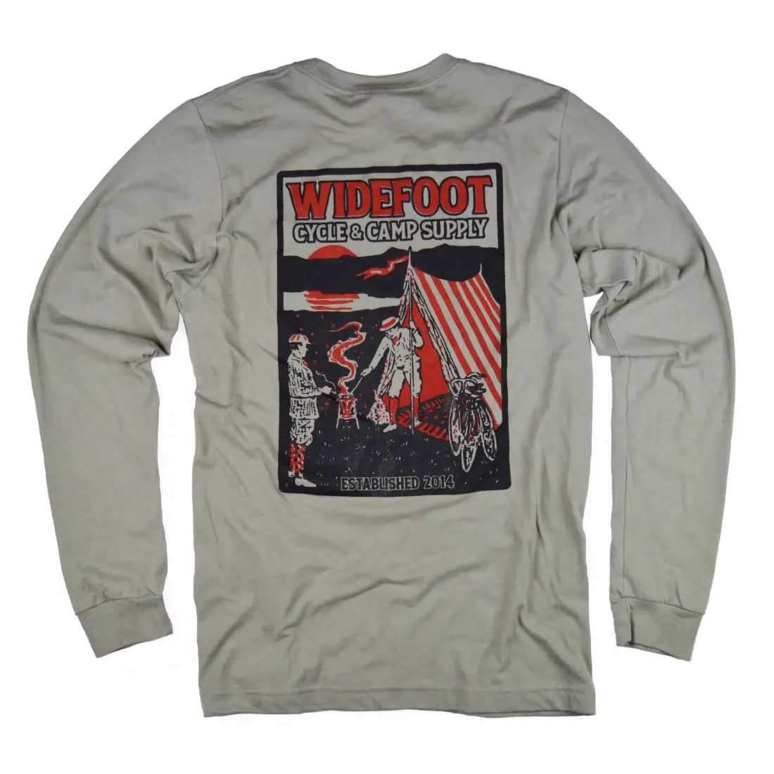 Widefoot Cycle and Camp Supply long sleeve shirt with a screen printed campsite illustration on the back