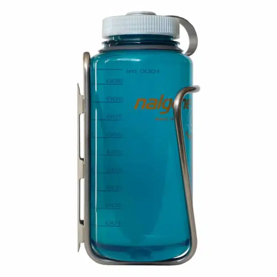Widefoot LiterCage stainless steel bottle cage holding a teal 32oz Nalgene bottle