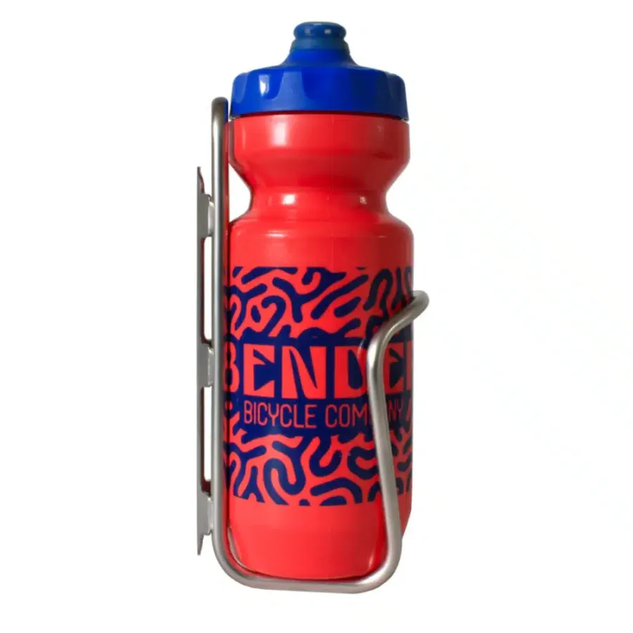 Widefoot StoutCage stainless steel cage holding a red Bender Bicycle Company water bottle