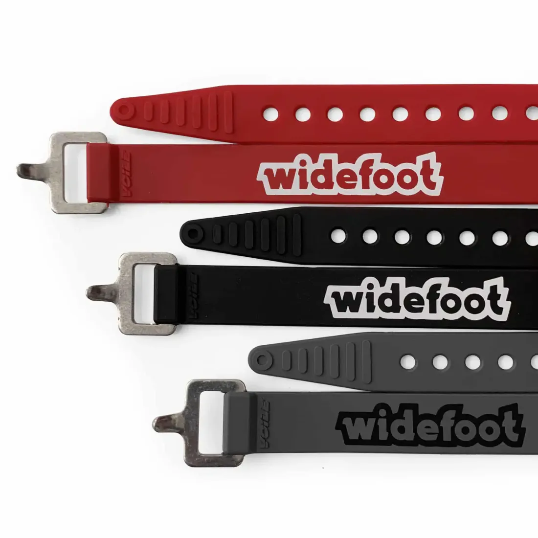 Widefoot-branded Voile straps in red, black and grey with stainless steel buckles